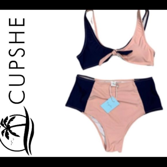 CUPSHE BIKINI Navy & Peach Color Block High Waisted Twisted Tie Plunge Top NWT - Picture 2 of 11